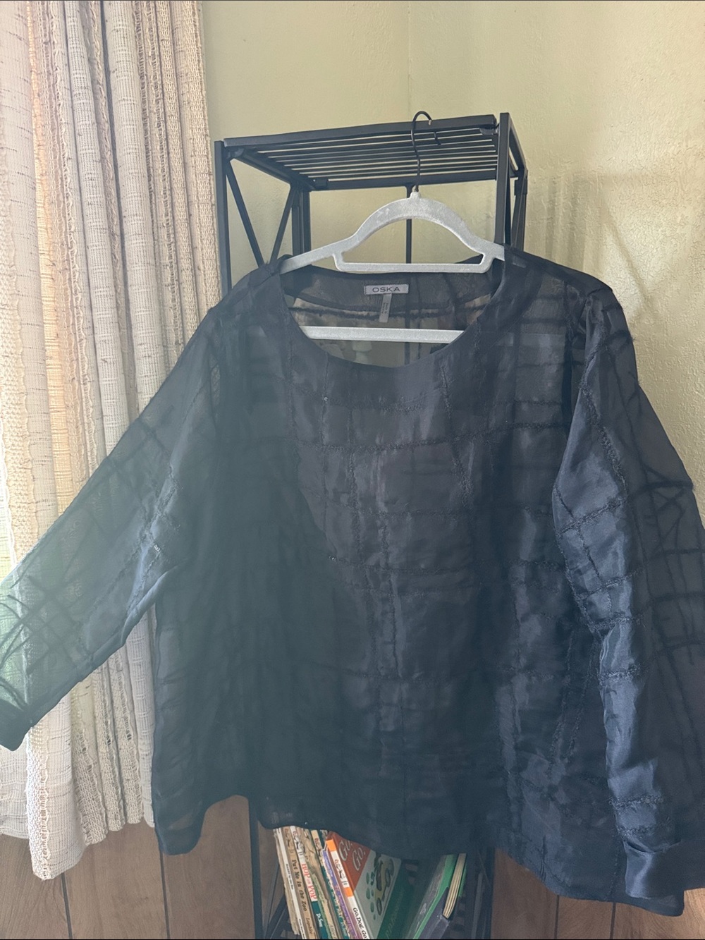 OSKA Black Sheer Check Blouse - Relaxed Long Sleeve
